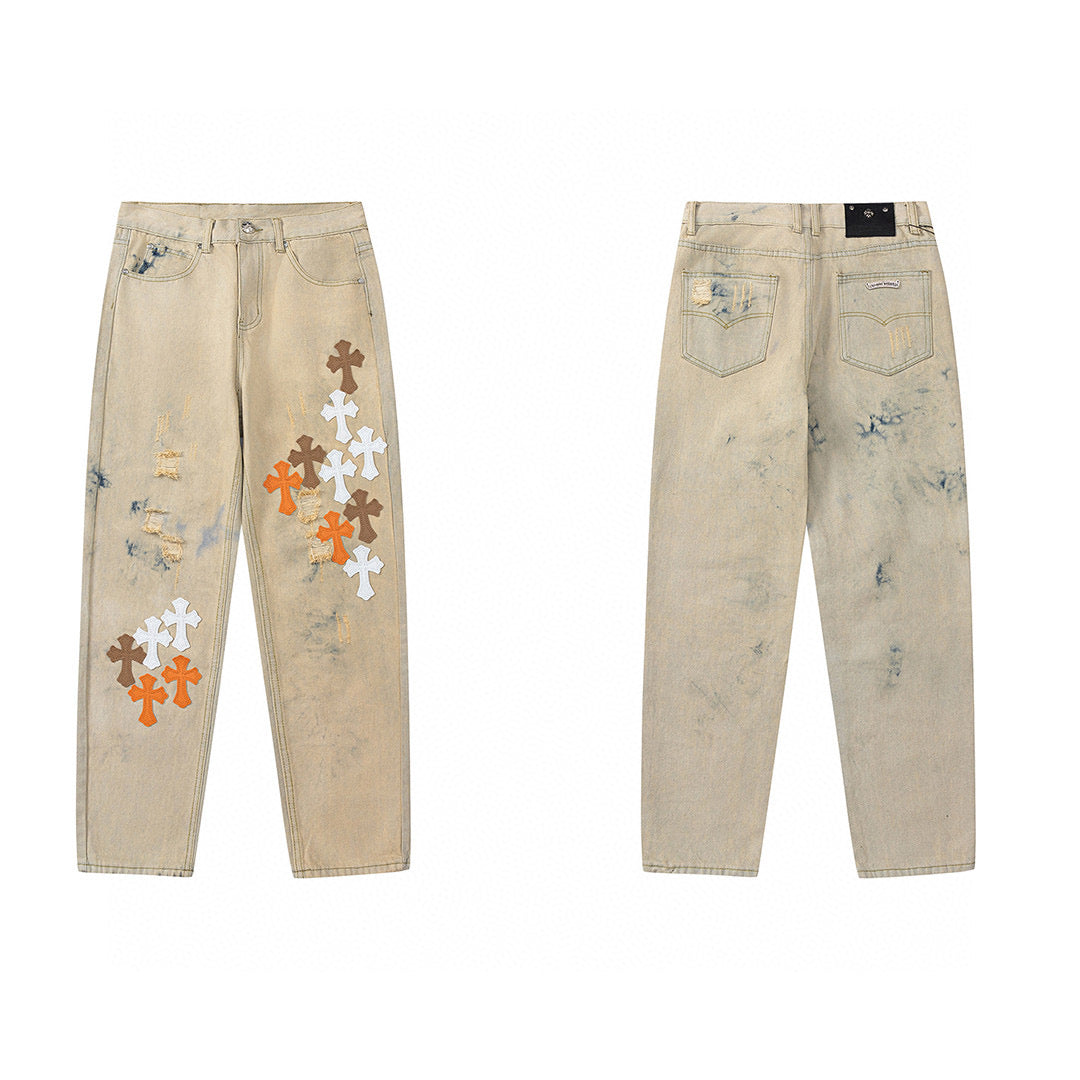 CHROME HEARTS ORANGE BROWN CROSS PATCH JEANS BEIGE - netstar®