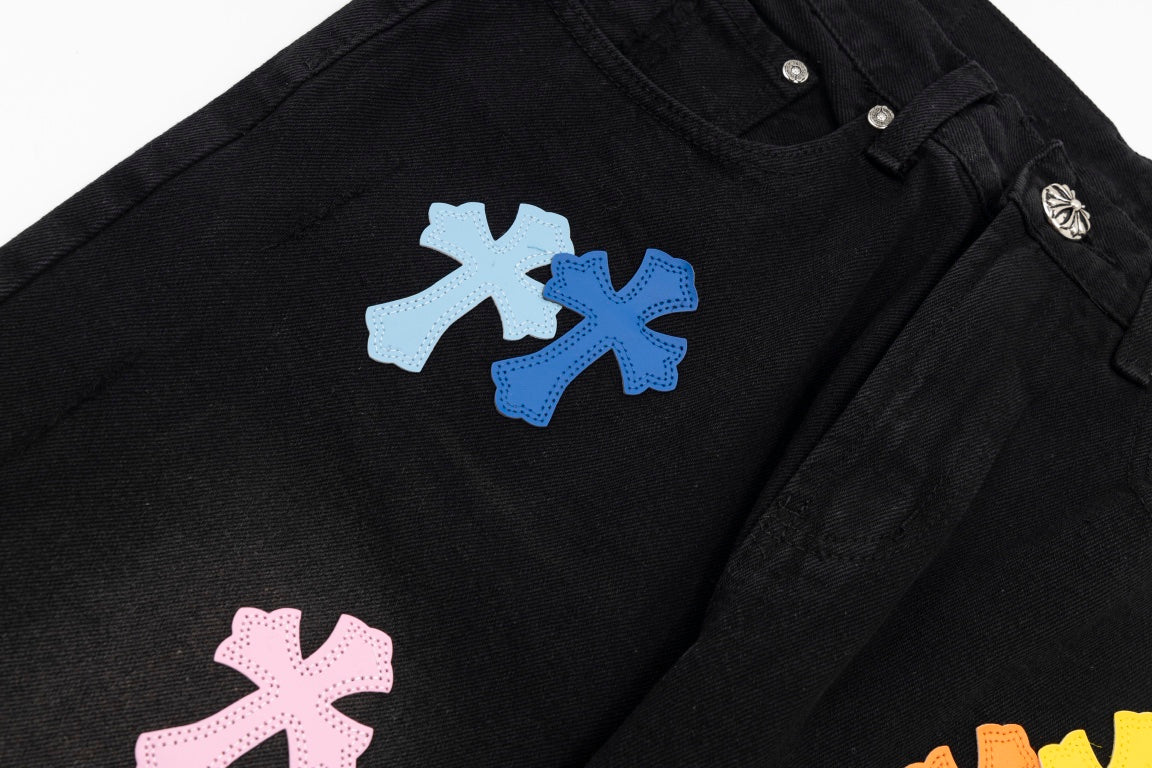 CHROME HEARTS MULTICOLOR CROSS PATCH JORTS BLACK - netstar®