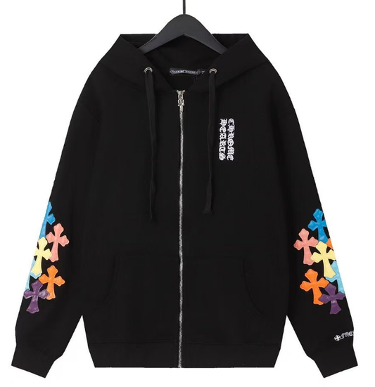 CHROME HEARTS MULTICOLOR CROSS PATCH ZIPPER HOODIE BLACK - netstar®