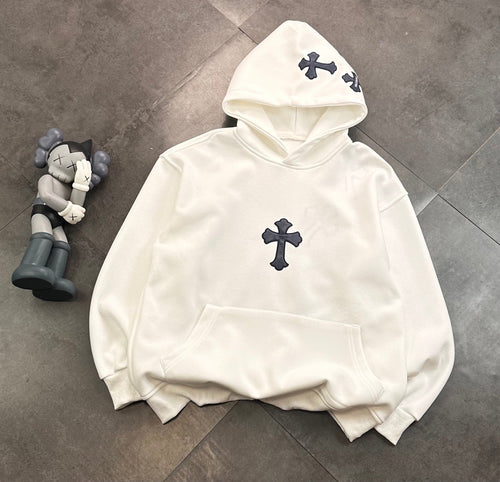CHROME HEARTS BLACK CROSS PATCH HOODIE WHITE - netstar®