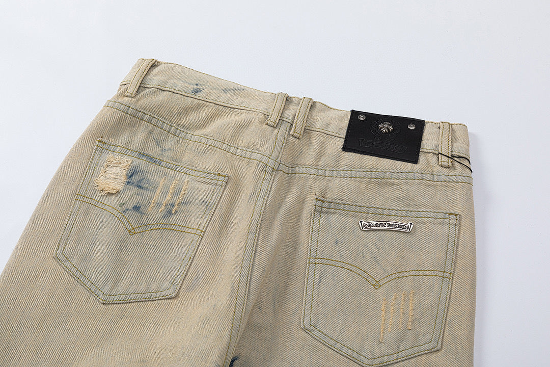 CHROME HEARTS ORANGE BROWN CROSS PATCH JEANS BEIGE - netstar®