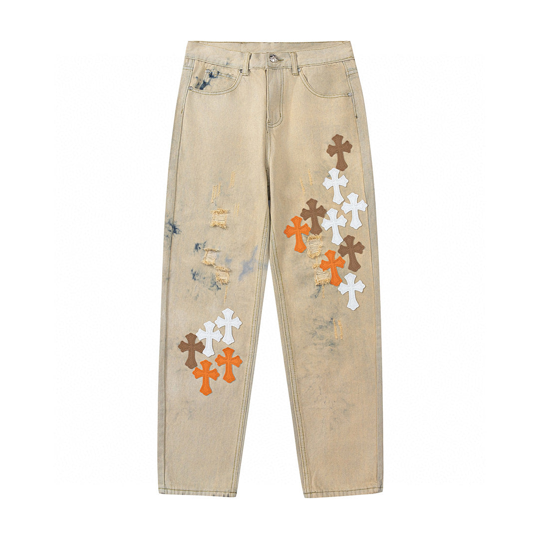 CHROME HEARTS ORANGE BROWN CROSS PATCH JEANS BEIGE - netstar®