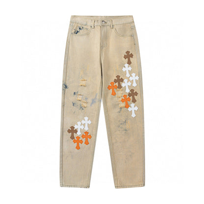 CHROME HEARTS ORANGE BROWN CROSS PATCH JEANS BEIGE - netstar®
