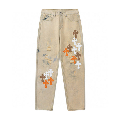 CHROME HEARTS ORANGE BROWN CROSS PATCH JEANS BEIGE - netstar®