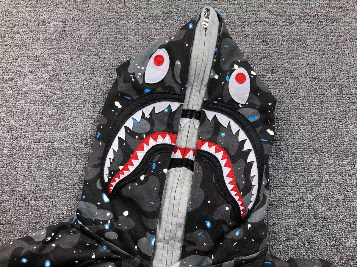 BAPE SPACE CAMO DOUBLE SHARK FULL ZIP HOODIE BLACK - netstar®