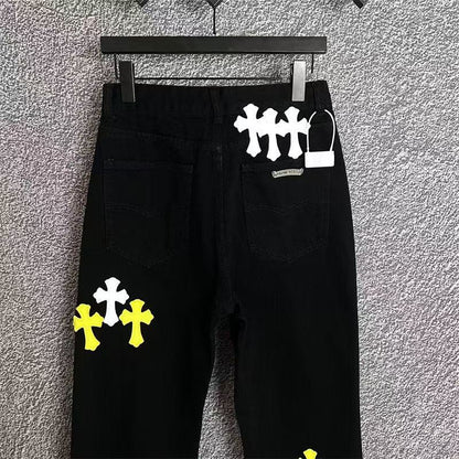 CHROME HEARTS WHITE YELLOW CROSS PATCH JEANS BLACK - netstar®